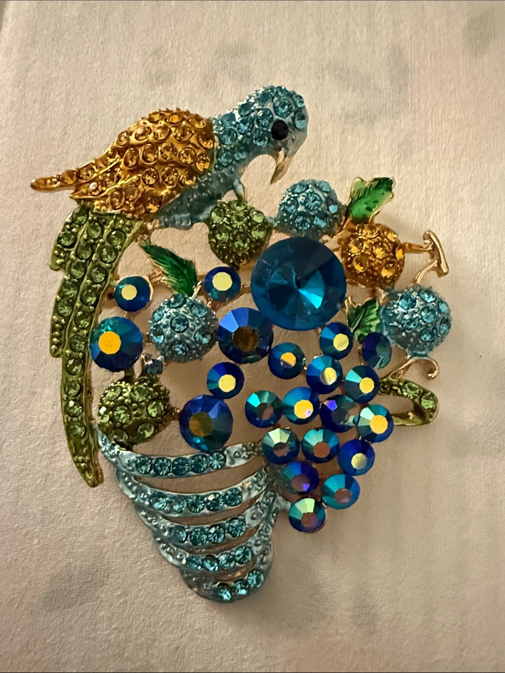 Gold and Blue Parrot Cluster Brooch - Vibrant Blue & Green Crystal Pin